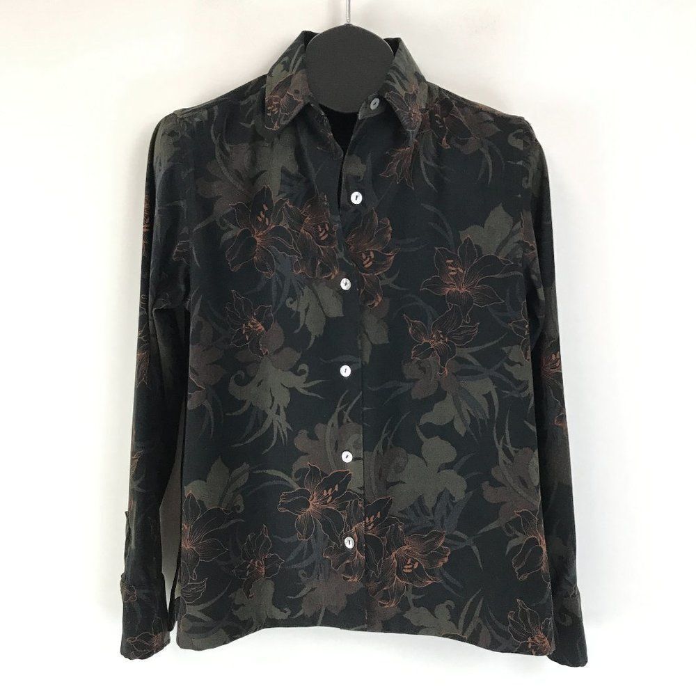 La Cabana Floral Button Up Top Women's Medium Long Sleeve Stretch Career Casual